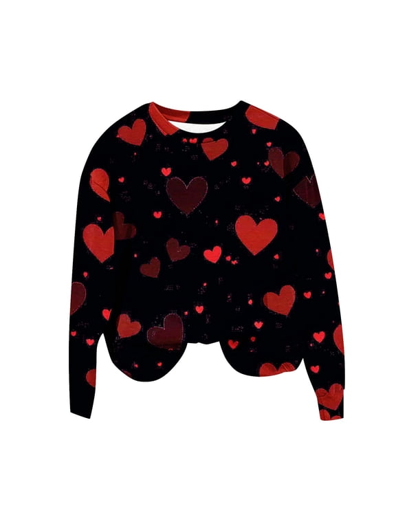 Valentine Sweatshirts for Women Red Heart Fleece Oversized Crewneck No Hood Jumper Long Sleeve Pullover Tops