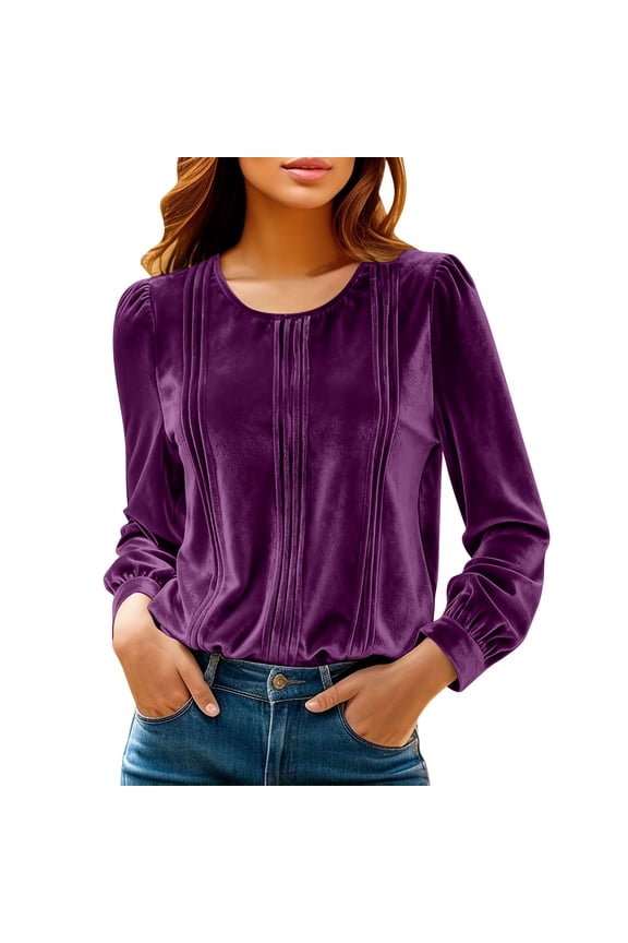 Velour Blouses for Women Casual Pleated Crewneck Tops Elegant Long Sleeve Streetwear Trendy Solid Shirts 2XL