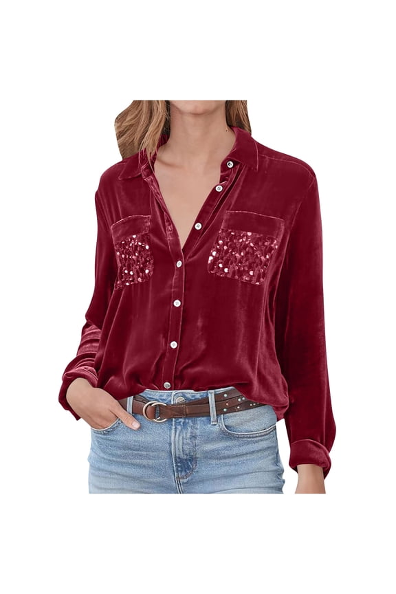 Velour Shirts for Women Elegant Sequin V Neck Tops with Pockets Casual Long Sleeve Solid Panel Streetwear L