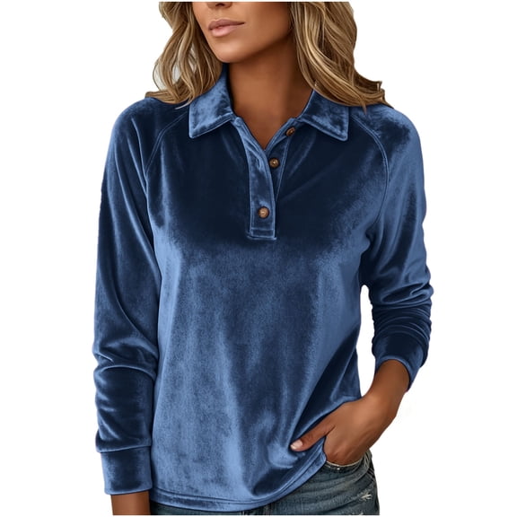 successthop Velour Shirts for Women V Neck Casual Button Lapel Tops Elegant Long Sleeve Clothes Solid Streetwear Blue L