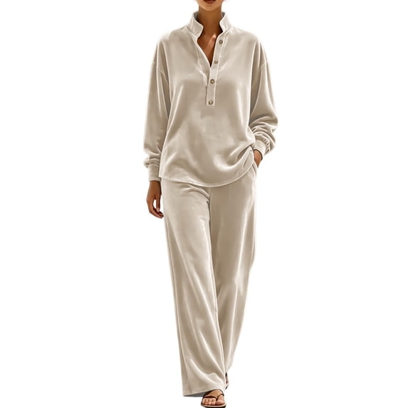 successthop Velour Sweatsuit for Women 2 Piece Casual Long Sleeve Quarter Button Mock Neck Tops and Pant with Pockets