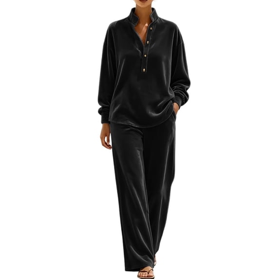 successthop Velour Sweatsuit for Women 2 Piece Casual Long Sleeve Quarter Button Mock Neck Tops and Pant with Pockets