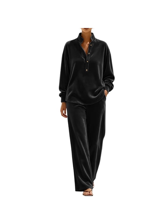 Velour Sweatsuit for Women 2 Piece Casual Long Sleeve Quarter Button Mock Neck Tops and Pant with Pockets
