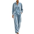 thumbnail image 1 of successthop Velour Sweatsuit for Women 2 Piece Casual Long Sleeve Quarter Button Mock Neck Tops and Pant with Pockets, 1 of 8