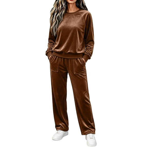 successthop Velour Sweatsuits 2PCS Sets Womens Long Sleeve Crewneck Tops and Pant Casual Tracksuit with Pockets