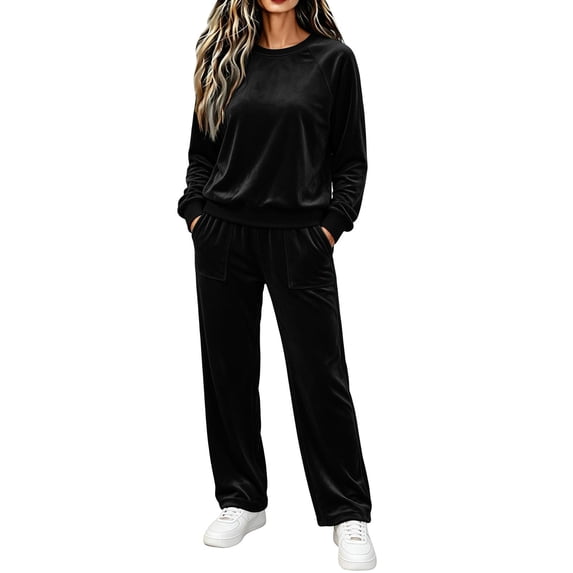 successthop Velour Sweatsuits 2PCS Sets Womens Long Sleeve Crewneck Tops and Pant Casual Tracksuit with Pockets
