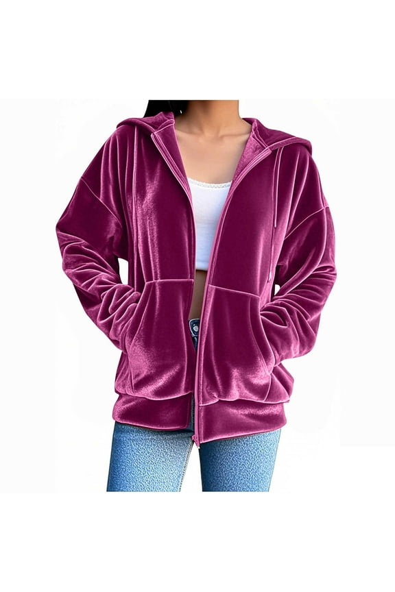 Velvet Jacket Women Shiny Outerwear with Pockets Long Sleeve Zip Up Hooded Streetwear Solid Coat Pink L
