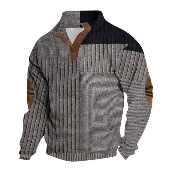 successthop Vintage Sweatshirt Men Plus Size Button Long Sleeve Tops Pullover Sweaters Color Block Print Fall Clothes