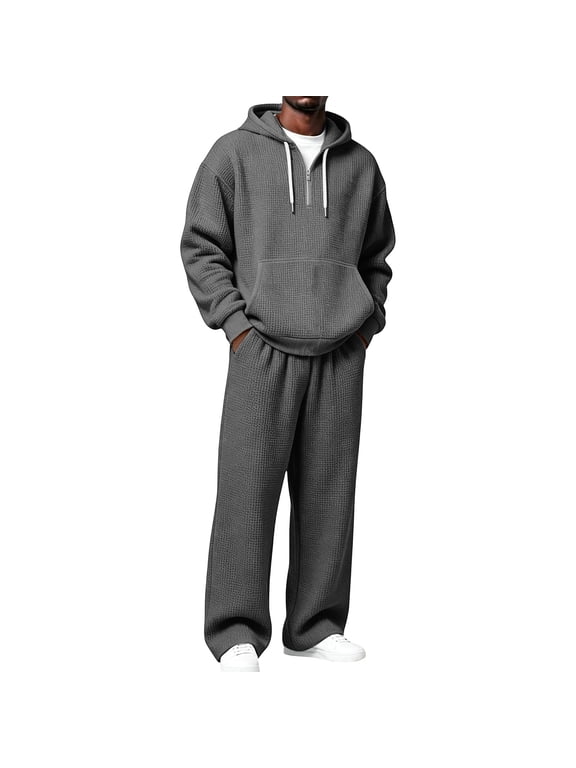 Waffle Sweatsuits Mens 2 Piece Long Sleeve Quarter Zip Hoodie and Sweatpant Winter Tracksuit with Pockets S