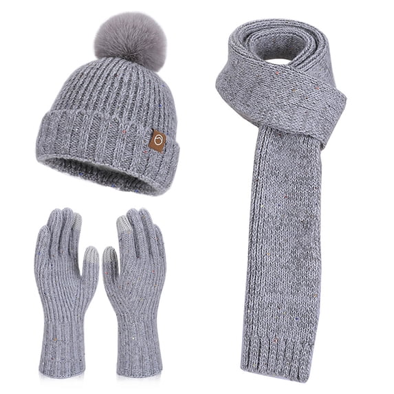 successthop Warm Womens Beanie Hats 3 Piece Knit Fuzzball Keep Warm Earflaps Winter Solid Ladies Cold Weather Fall Scarf