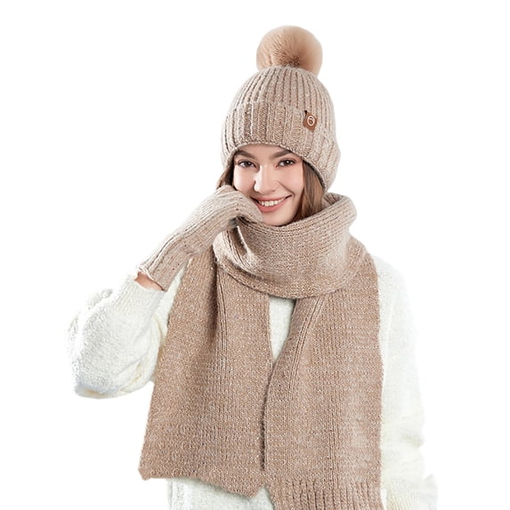 successthop Warm Womens Beanie Hats 3 Piece Knit Fuzzball Keep Warm Earflaps Winter Solid Ladies Cold Weather Fall Scarf