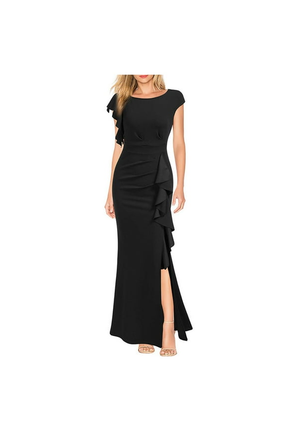 Wedding Guest Dresses for Women Solid Bodycon Short Sleeve Ladies Split Dressy Crewneck Slim Ruffle Dress