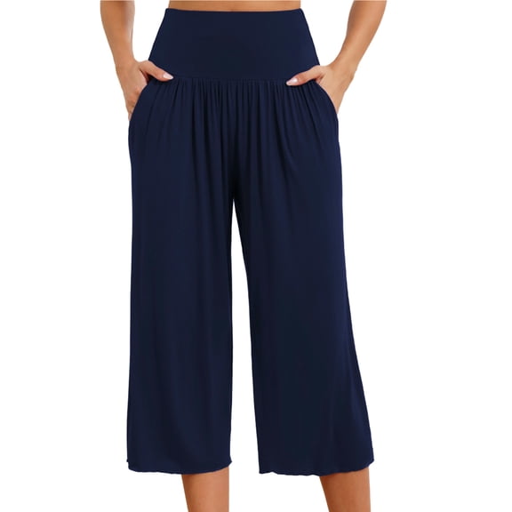 successthop Wide Leg Capris for Women Casual Pants with Pockets Yoga High Waist Solid Lightweight Summer Bottoms Blue XL