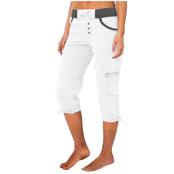 successthop Wide Leg Capris for Women Plus Size Oversized Cargo Pants with Pockets Drawstring High Waist Solid Bottoms