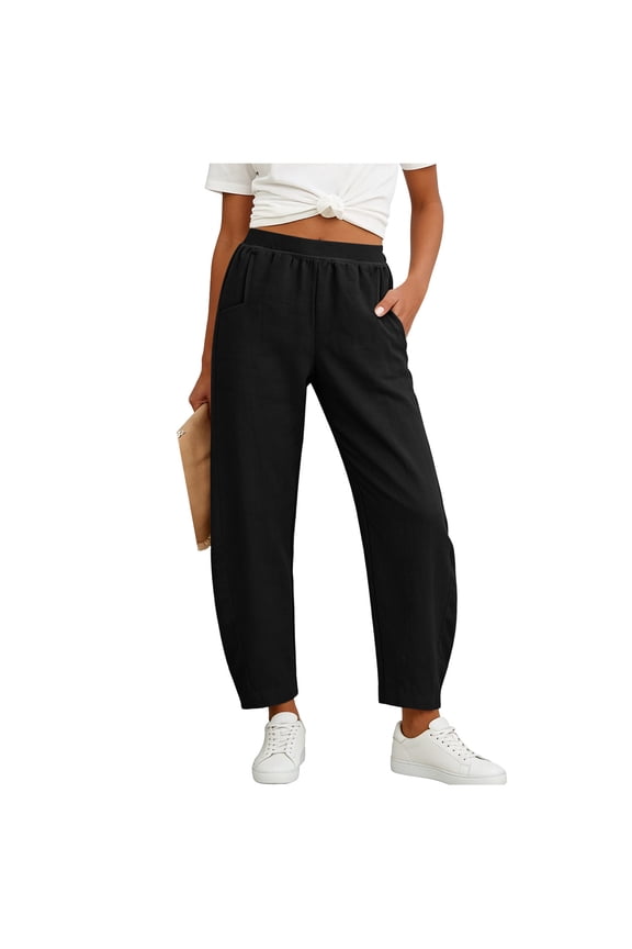 Wide Leg Linen Pants for Women Elastic Waist Slacks Loose Trousers Summer Beach Clothes with Pockets Black S