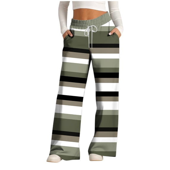 successthop Wide Leg Lounge Pants for Women Casual Plus Size Baggy Bottoms with Pockets Drawstring Stripe Trousers Green