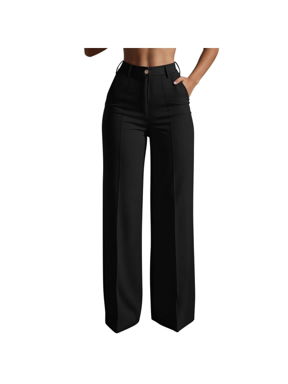 Wide Leg Pants for Women Dressy Strecthy High Waist Slacks Trousers Seam Business Clothes with Pockets Black