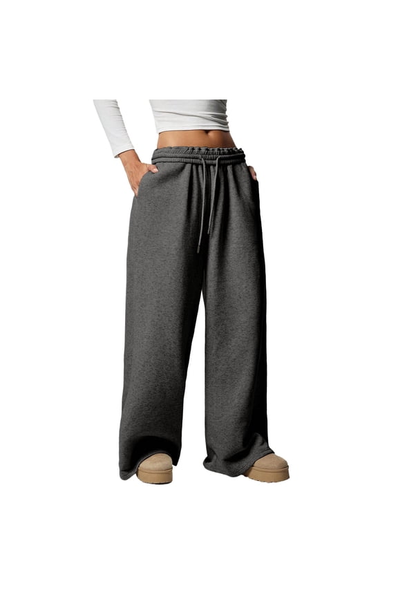 Wide Leg Sweatpants Women Athleisure Oversized Sportwear Fleece Pant Solid Rubber Drawstring Open Bottom Trouser L