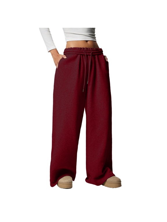 Wide Leg Sweatpants Women Athleisure Oversized Sportwear Fleece Pant Solid Rubber Drawstring Open Bottom Trouser M