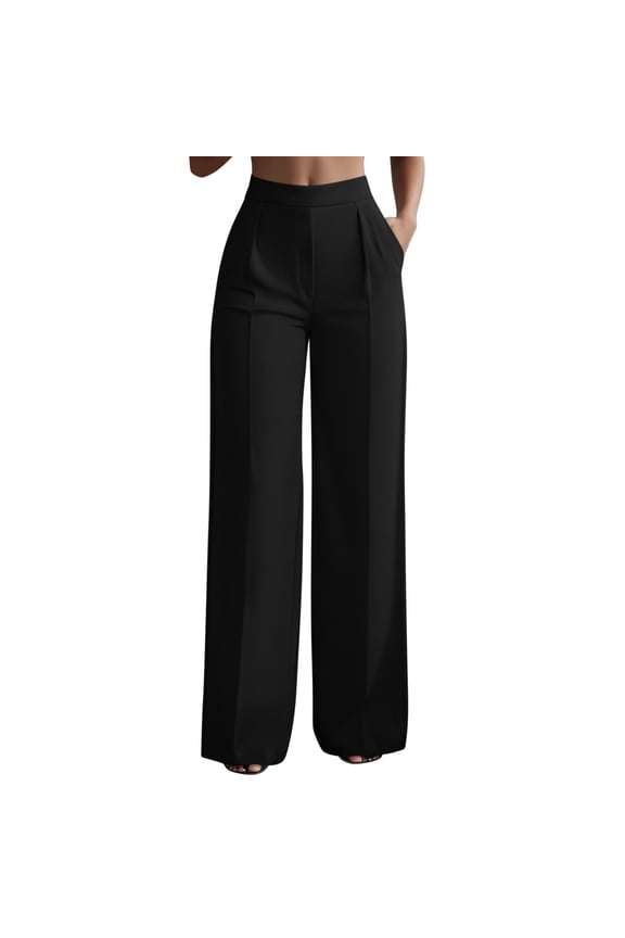 Wide Leg Work Pants for Women Strecthy High Waist Slacks Trousers Seamed Office Clothes with Pockets Black M