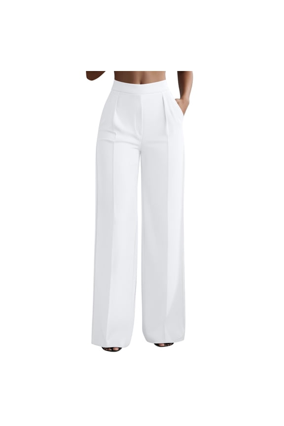 Wide Leg Work Pants for Women Strecthy High Waist Slacks Trousers Seamed Office Clothes with Pockets White