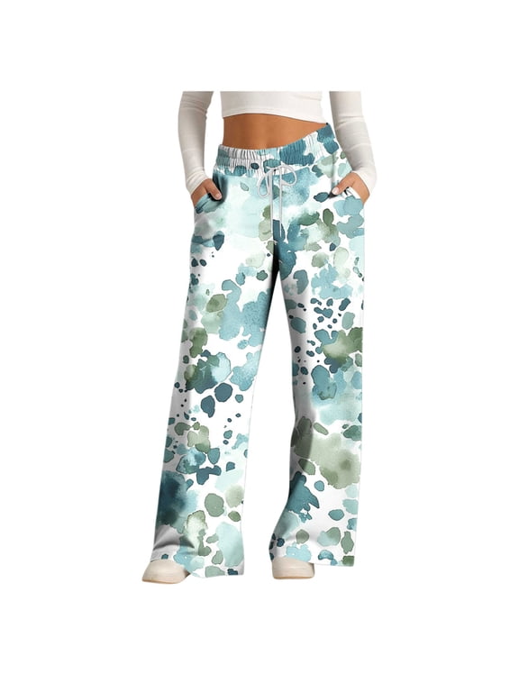 Wide Leg Yoga Pants for Women with Pockets Holiday Trousers Drawstring Palazzo Pant Plus Size Print Clothes