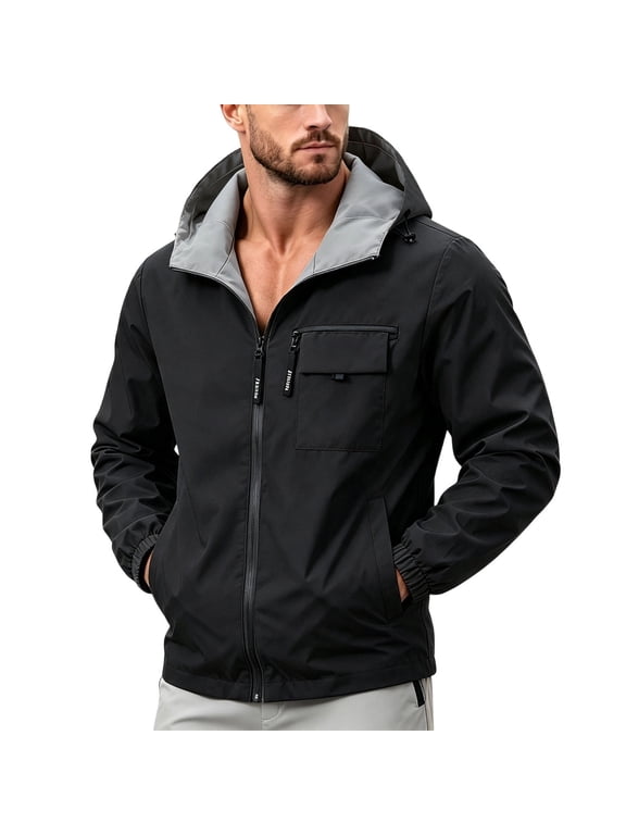 Windbreaker Jacket for Men Long Sleeve Hooded Zip Up Tops Keep Warm Winter Outdoor Outwear with Pockets
