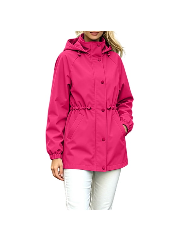 Windbreaker Jacket for Women Long Sleeve Jacket Drawstring Waist Hooded Button Up Hiking Outwear with Pocket