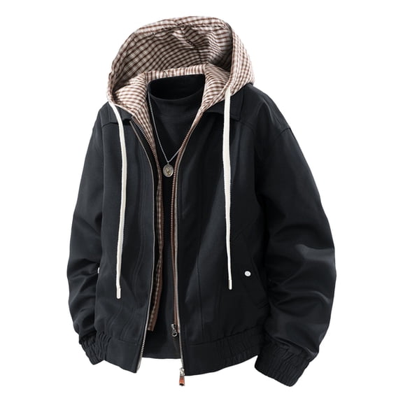 successthop Winter Coats Workwear Long Sleeve Hooded Jacket with Pockets Fake Two Pieces Zipper Color Block Fall Outwear