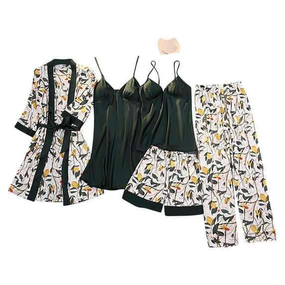 successthop Winter Fall Pajamas Lace Nightgown with Pant Shorts Sleepwear Solid 5 Pieces Sets Loungewear