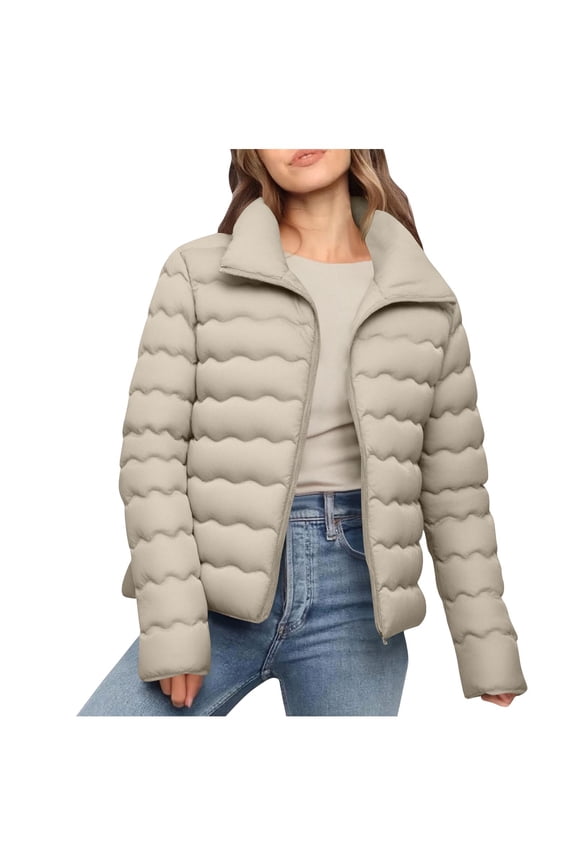 Winter Puffer Jackets for Women Casual Quilted Thick Outwear Zip Long Sleeve Coat Solid Warm Clothes Brown