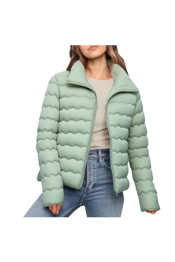 Winter Puffer Jackets for Women Casual Quilted Thick Outwear Zip Long Sleeve Coat Solid Warm Clothes Green M