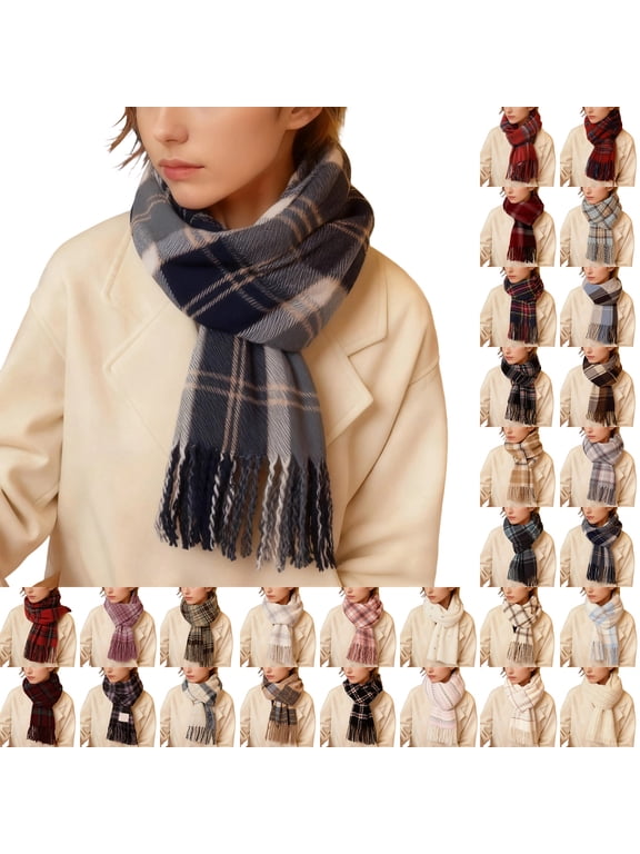 Winter Scarf for Women Cold Weather Thick Neck Scarf Warm Fuzzy Wraps Colorful Plaid Blanket Scarves Blue