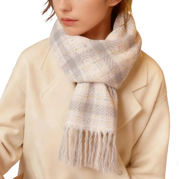 successthop Winter Scarf for Women Cold Weather Thick Neck Scarf Warm Fuzzy Wraps Colorful Plaid Blanket Scarves White