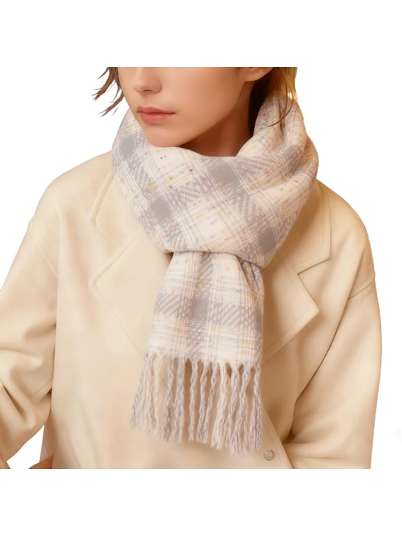 Winter Scarf for Women Cold Weather Thick Neck Scarf Warm Fuzzy Wraps Colorful Plaid Blanket Scarves White