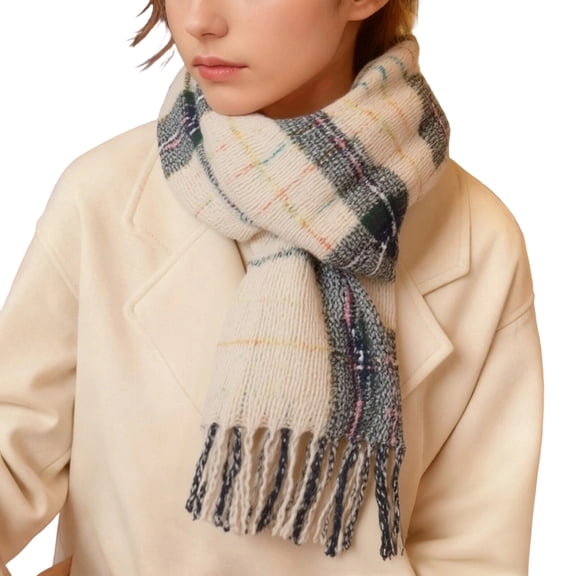 successthop Winter Scarf for Women Cold Weather Thick Neck Scarf Warm Fuzzy Wraps Colorful Plaid Blanket Scarves White