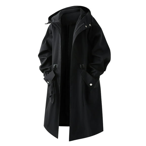 successthop Winter Trench Coats for Men Windbreaker Hooded with Pockets Zipper Outwear Belted Fall Keep Warm Jacket 2XL