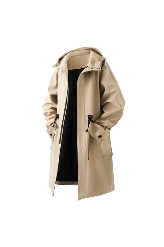 Mens Hooded Trench Coat Windbreaker with Pockets Zipper Outwear Belted Long Sleeve Solid Trendy Jacket Brown