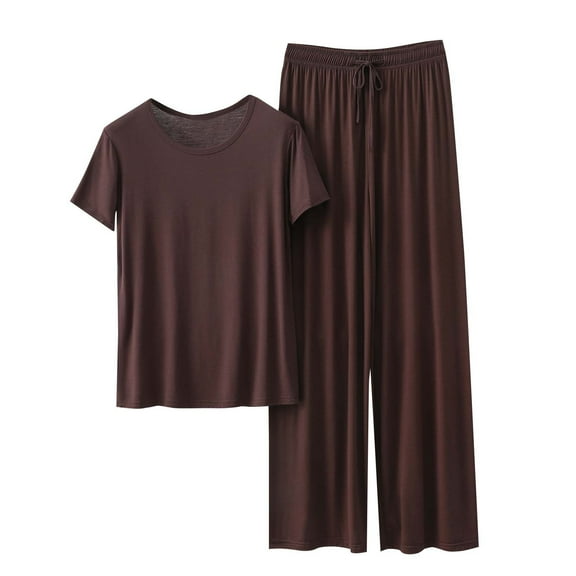 successthop Woman Pajama Set Coffee Lace Lightweight Solid Short Sleeve T-Shirt 2 Piece Long Pants Loungewear 2XL