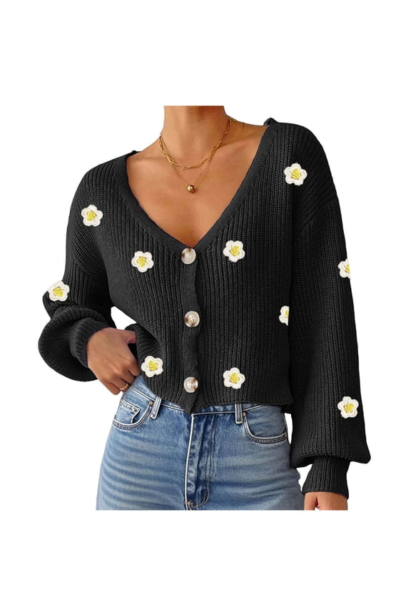 Womans Cropped Sweater Cardigans Long Sleeve V Neck Tops Button Up Knitwear Ribbed Cuff Winter Clothes M