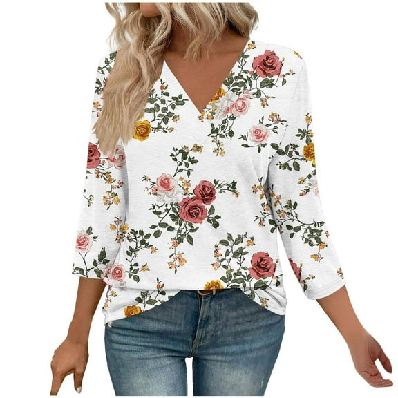 successthop Women Blouses Dressy Casual Casual Oversized V Neck Shirts Lightweight 3/4 Sleeve Outfits Floral Tops S