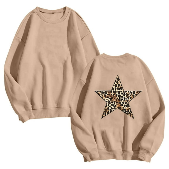 successthop Women Crewneck Sweatshirts Oversized Long Sleeve Top No Hood Pullover Sweater Leopard Stars Athleisure Brown