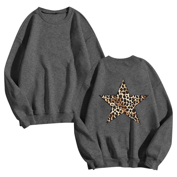 successthop Women Crewneck Sweatshirts Oversized Long Sleeve Top No Hood Pullover Sweater Leopard Stars Athleisure Gray