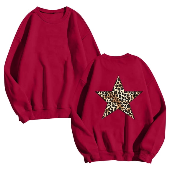 successthop Women Crewneck Sweatshirts Oversized Long Sleeve Top No Hood Pullover Sweater Leopard Stars Athleisure Red L