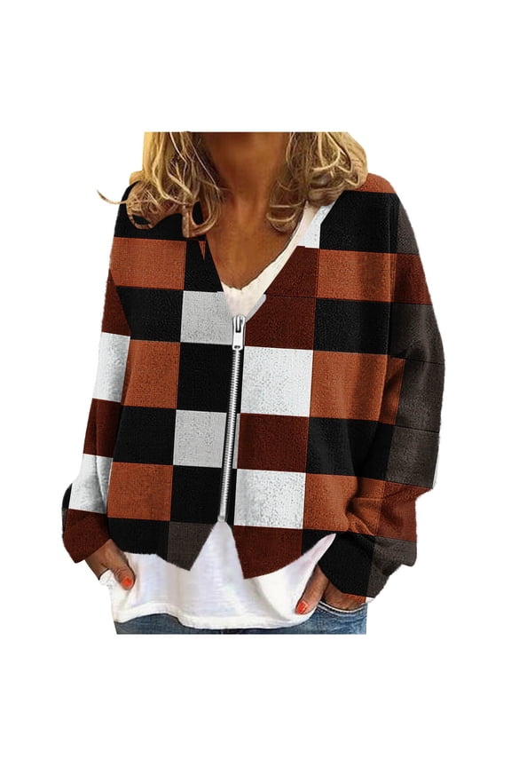 Women Fleece Jackets Zipper Flannel Fuzzy Outerwear Long Sleeve V Neck Coat Lightweight Streetwear Brown 2XL