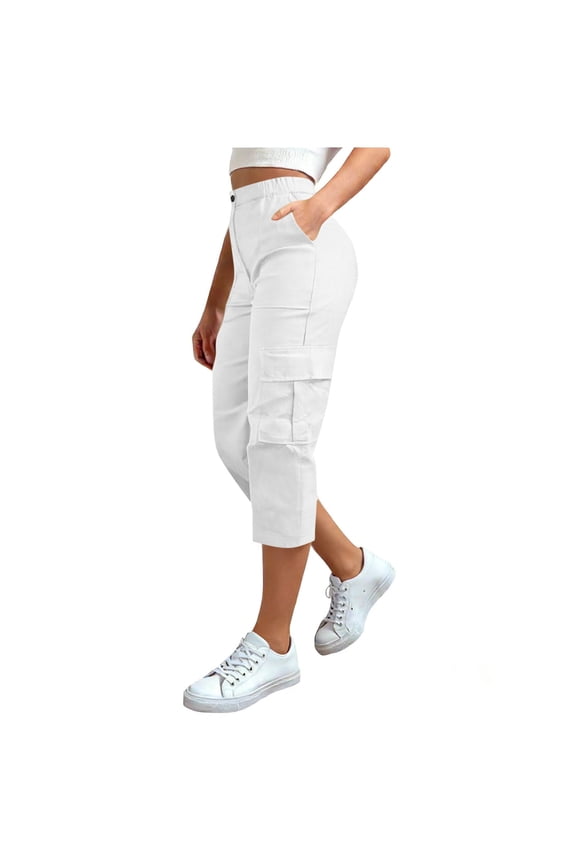 Women Khaki Pants Cargo Straight Leg Bottoms Button Zip Hiking Pant Summer Beach Clothes with Pockets White