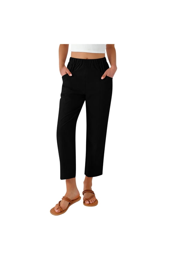 Women Linen Pants Trendy Cropped Tapered Slacks with Pockets Elastic Waist Bottoms Solid Summer Trousers S