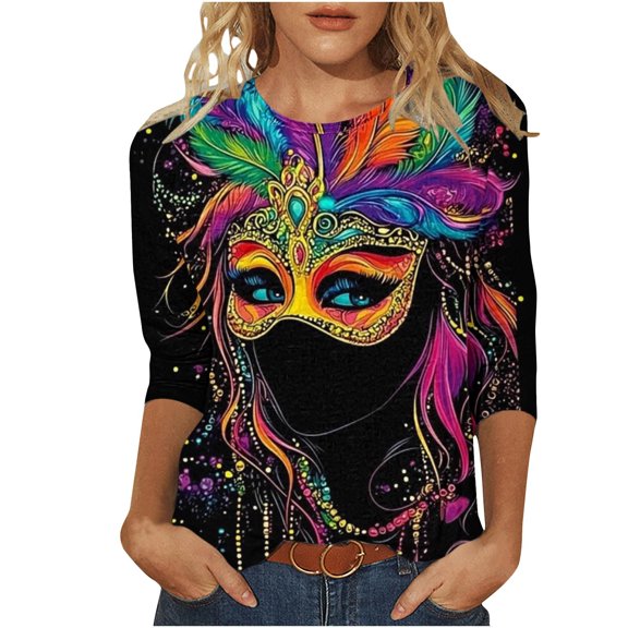 successthop Women Mardi Gras Blouse Mask Print Casual Oversized Crewneck Outfits 3/4 Sleeve Top Plus Size Shirt 2XL
