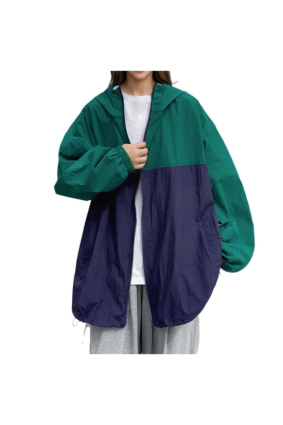 Women Rain Jacket with Hood Vintage Streetwear with Pockets Long Sleeve Zip Up Outwear Color Block Coat M