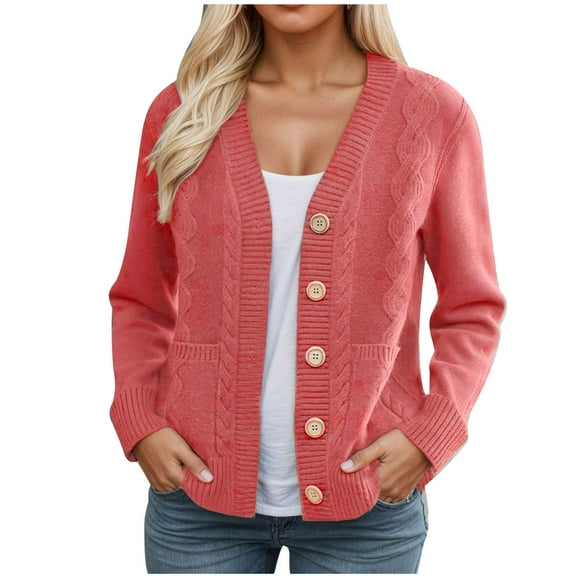 successthop Women Sweater Long Sleeve Cardigans Cable Knit Top Trendy Sweaters Ribbed Cuff Button Cardigan Solid Clothes